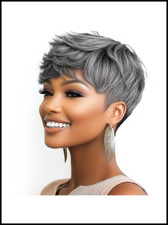 Accessories - Short Grey Pixie Cut Wig for Black Women Synthetic Layered Natural Look Daily